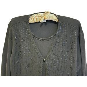 VTG Crystal Kobe Whimsigoth Beaded Heart Cardigan Womens XL Black Retro Grandma